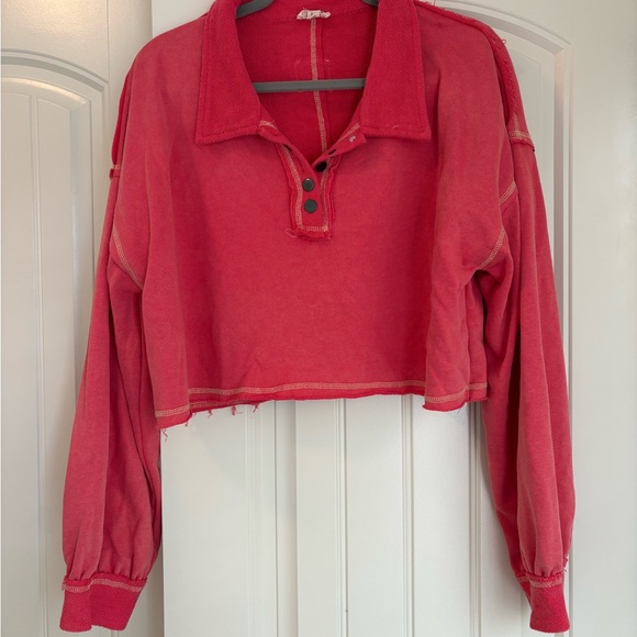 POL Tops - POL Cropped Button Polo Top in Coral Red